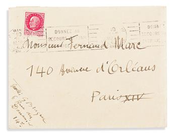 BRAQUE, GEORGES. Two items, in French: Autograph inscription Signed * Signature, on an envelope.